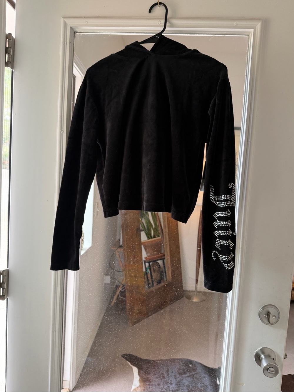 Juicy Couture Black Velour Pullover with Rhinestone Sleeve Detail and Hood
